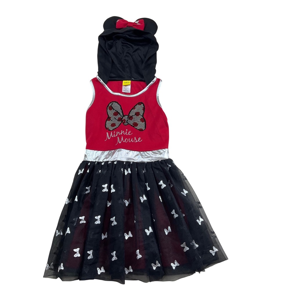 Disney Minnie Mouse Hooded Dress Girls Med 7/8 Red Black Tulle Ears Sequin Bow